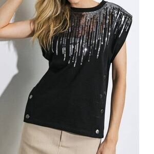 Cotton Knit Silver Sequin Detail Top Black